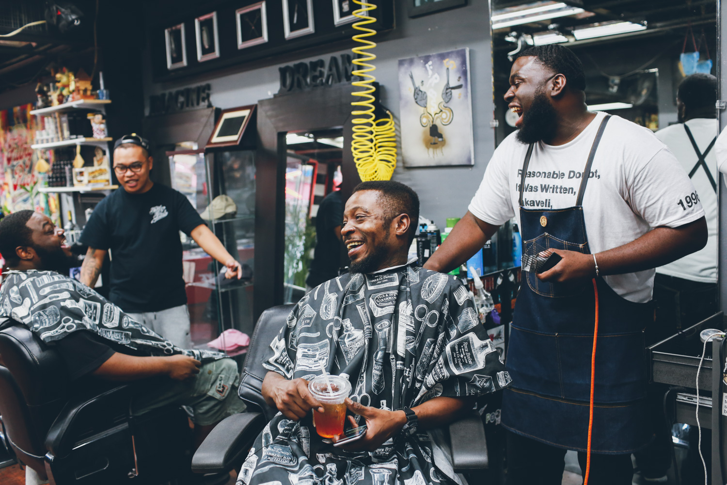 Jungle and Snacks getting their haircut in Filthy Rich Barbershop