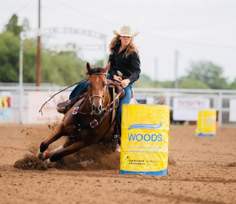 Kelly Allen competes in barrel racing.