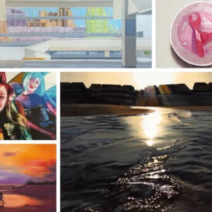 A collage of five paintings: an urban parking garage, a half-eaten cup of ice cream, two people in colorful wigs and makeup, a sunset beach scene with figures, and a reflective river at sunset.