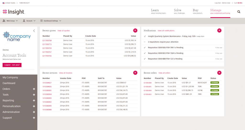 Insight.com Portal Account Dashboard