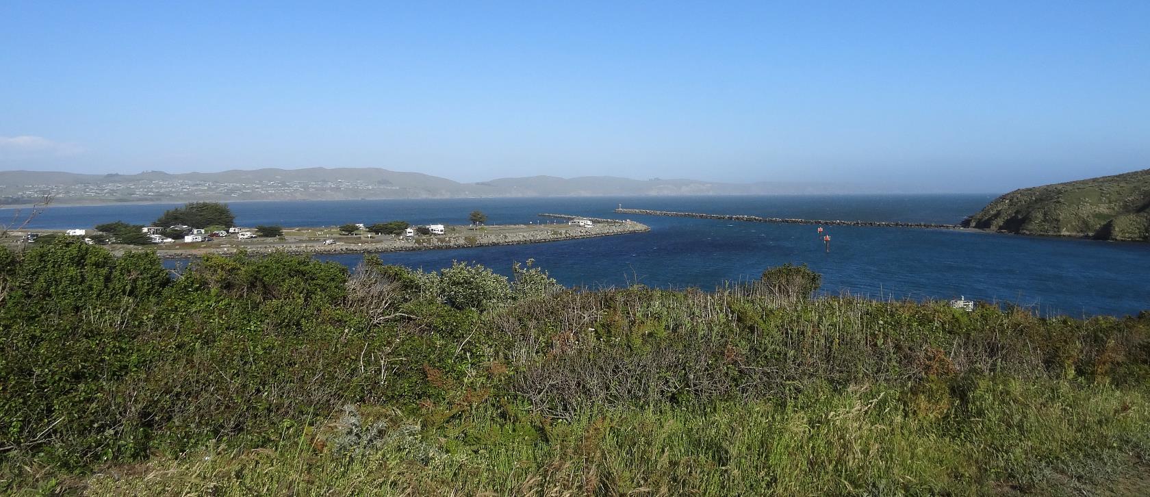 The road past the lab entrance goes almost to the harbor mouth, but turns up the headland to give a great view South to Dillon Beach, a very popular vacation spot.