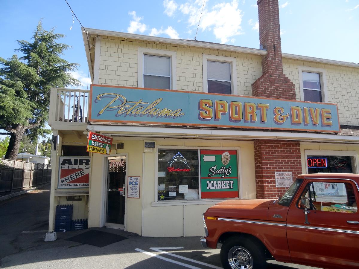 This is along the first road from the main hiway, Hiway 101, to the North Coast. A lot of abalone divers go this way and they may stop at small Sporting Goods or Hardware stores that are actually well equipped Dive Shops. Just a small store, but my kinda place.