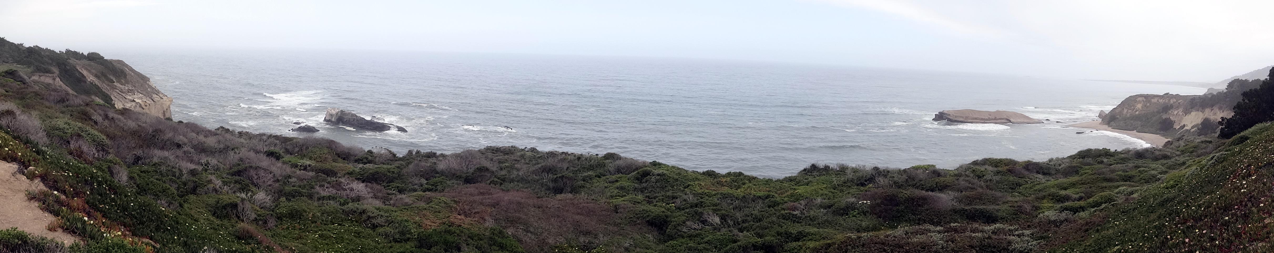 (Wide) The first place I went diving on the San Mateo Coast was Grey Hound Rock. The diving was exceptional. I finally moved on to Pidgin Point, because it was also probably the most dangerous dive spot in California. It was a challenging hike down and then up with dive gear and game. It was an amazingly beautiful cove protected from spoilage by its cliffs.