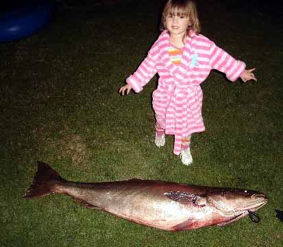 Mel, Grace and his 62 pound White Sea Bass