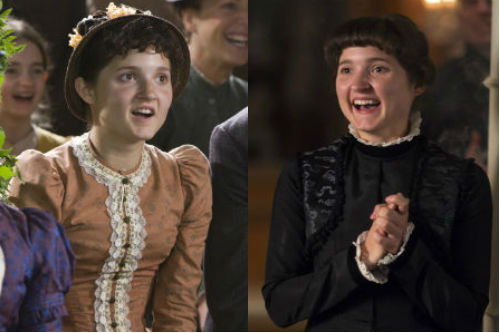Ruby Bentall as Minnie on Lark Rise (left), and Pauline on The Paradise.