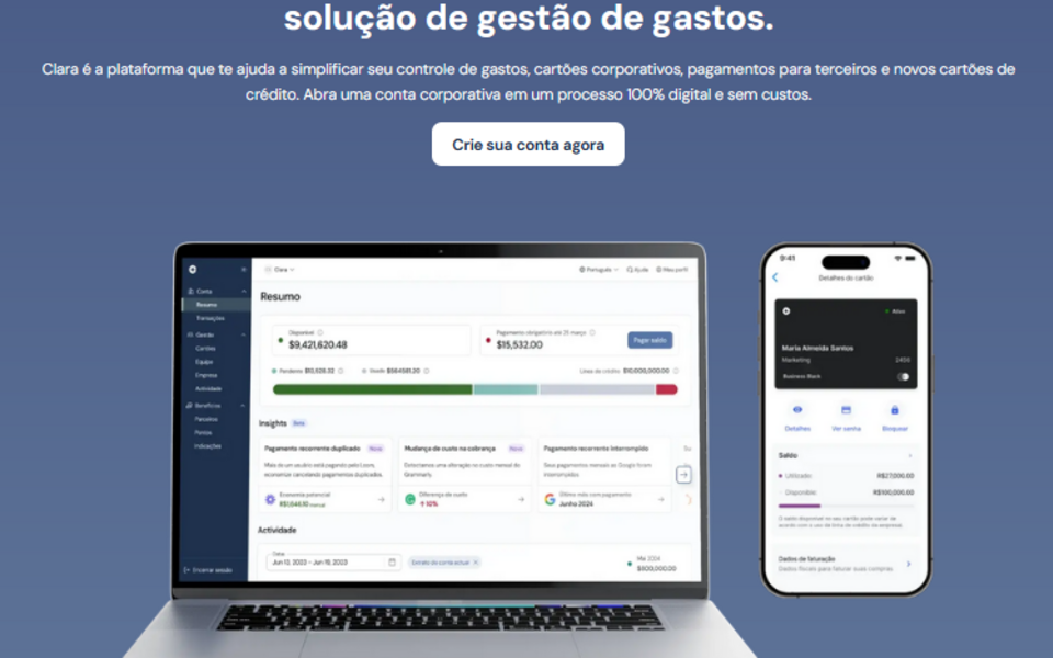 Imagem ClaraClaramente o melhor cartão de crédito corporativo e solução de gestão de gastos.