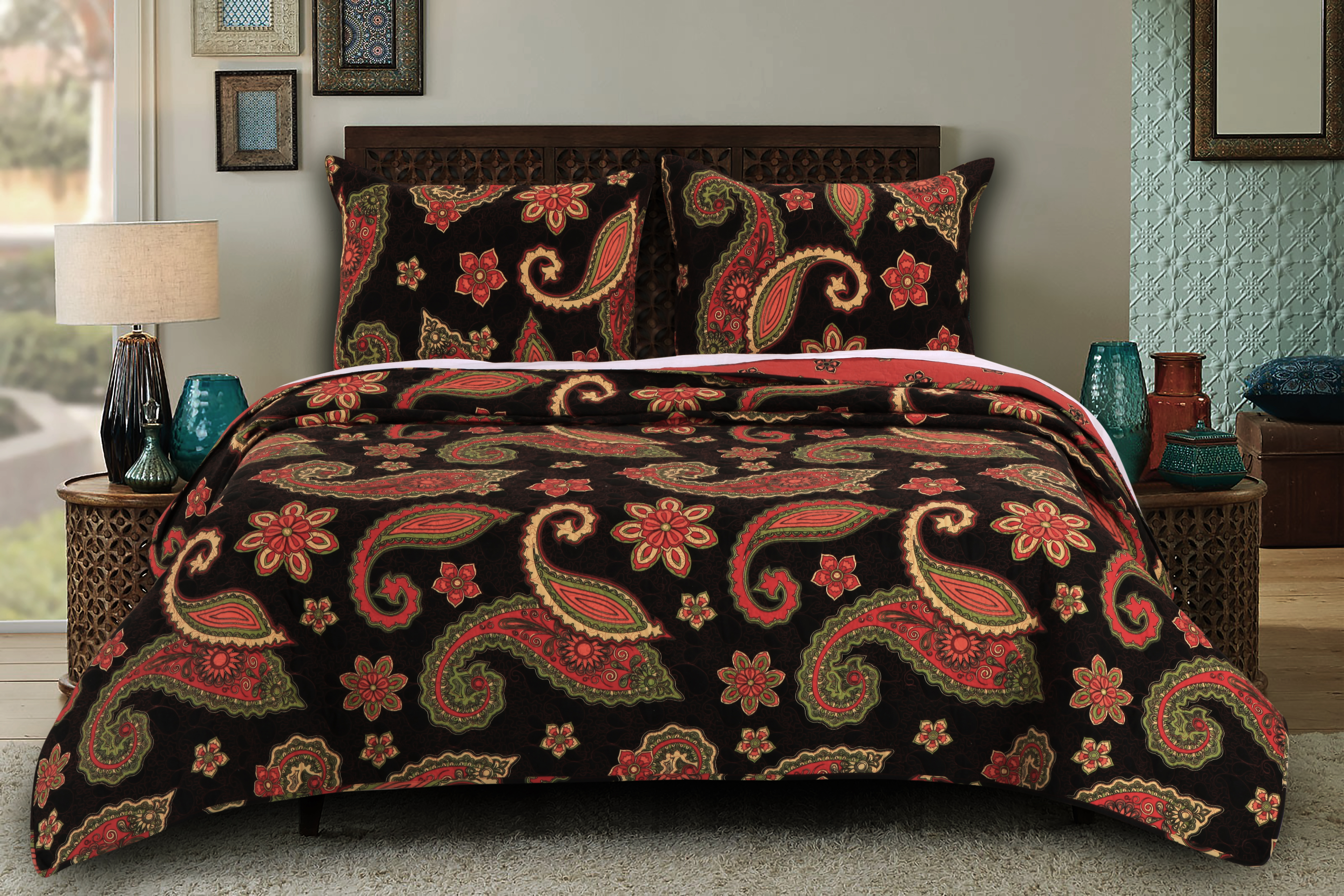 Midnight Paisley Multi Colored King Size Quilt Set, 3Piece (GL