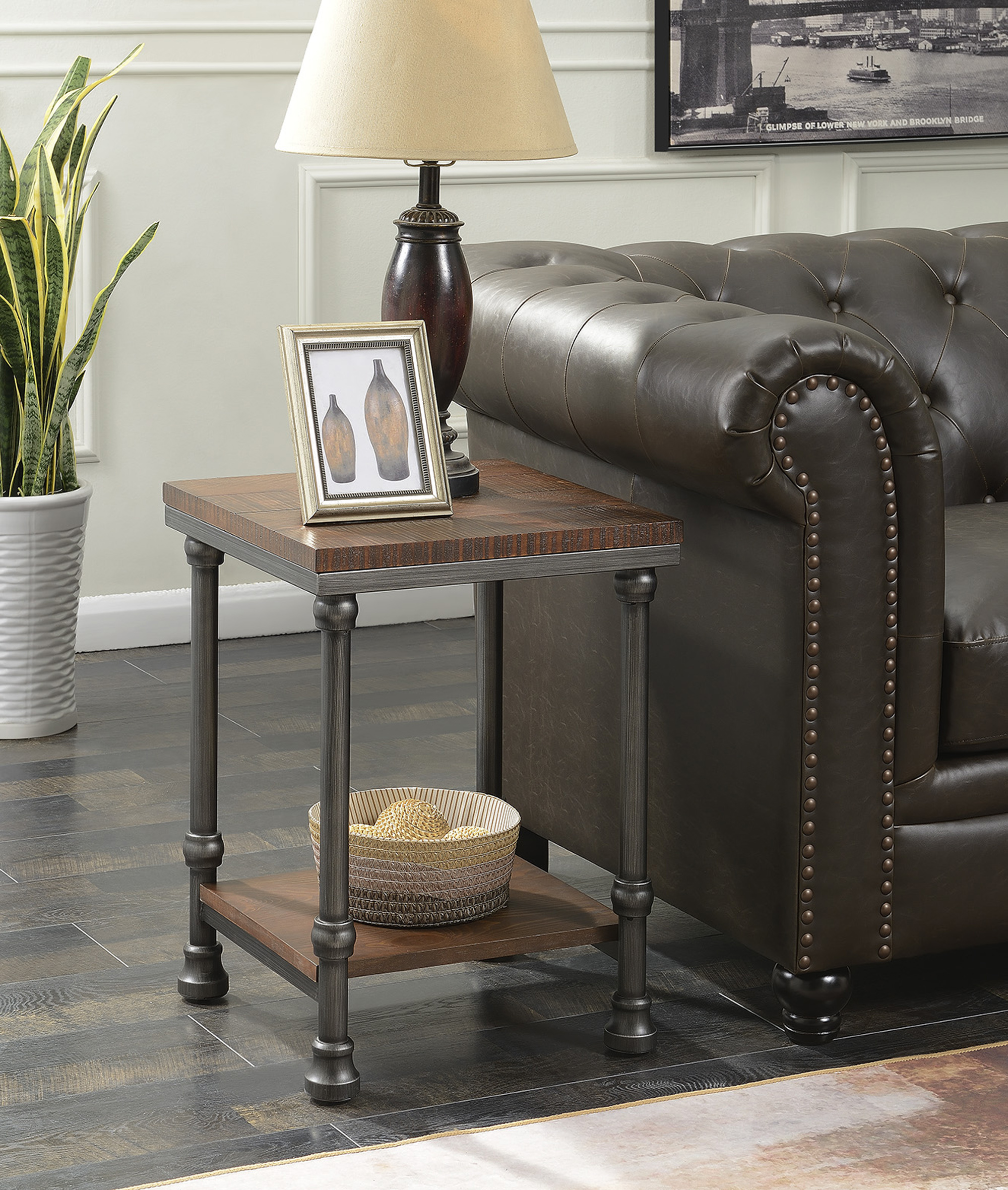 Yukon End Table S16101, Dark Rustic Oak/Brushed Metal Finish