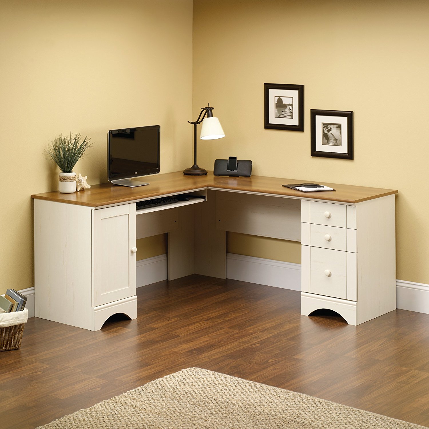 Sauder 403793 Harbor View Corner Computer Desk in Antiqued White Finish