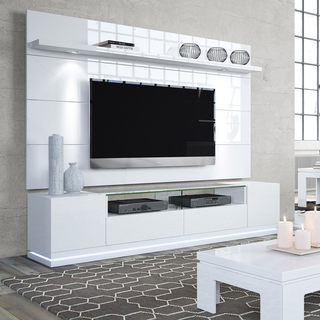 Manhattan Comfort Cabrini 85" TV Stand and Wall Panel in White Gloss