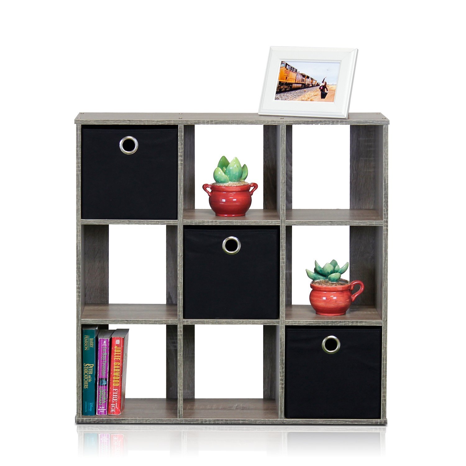 Furinno 13207GYBK Simplistic 9Cube Organizer with Bins, French Oak