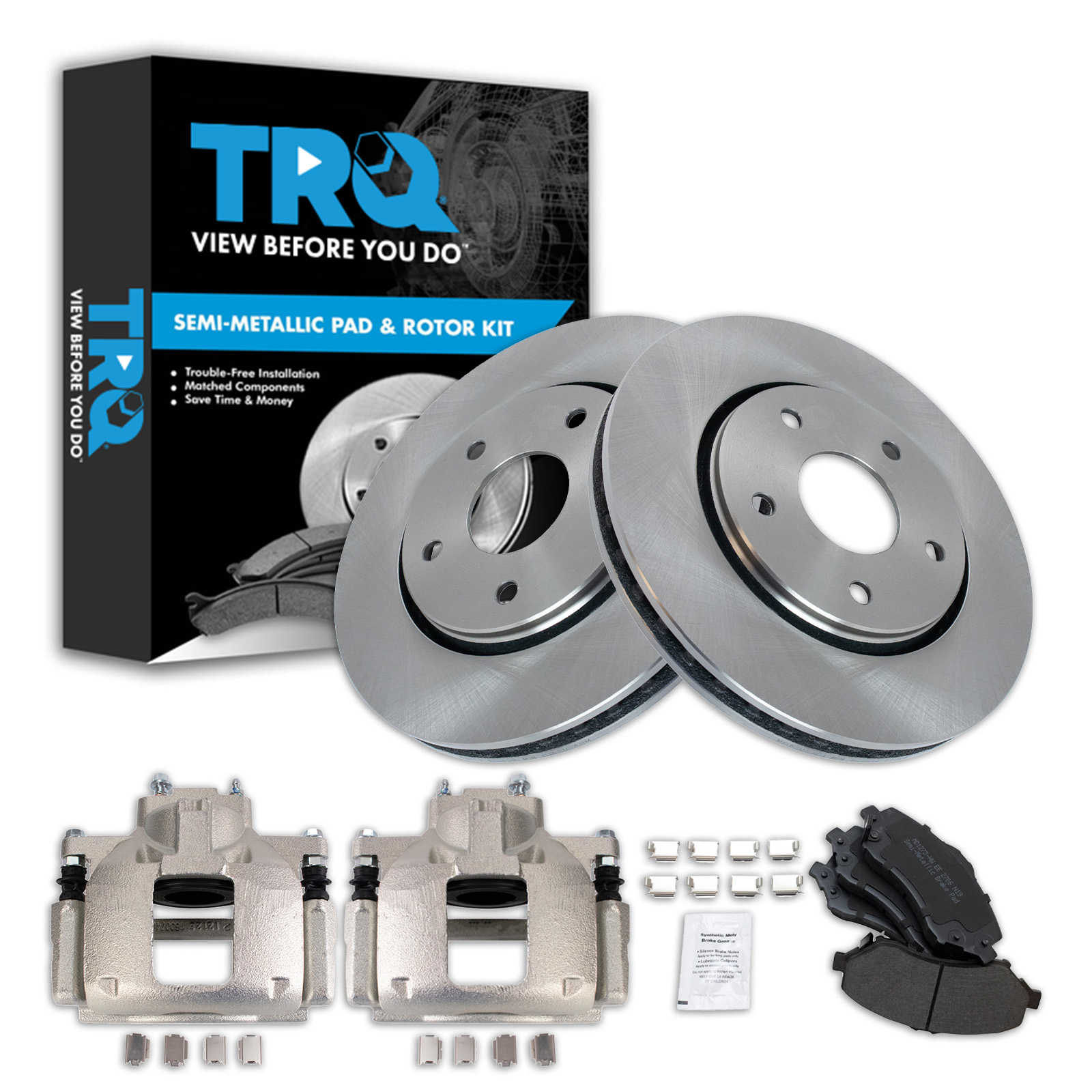 TRQ Front Brake Pad and Rotor Set Semi Metallic Vented Rotors Calipers Compatible with 2008-2012 Chrysler Town and Country Dodge Grand Caravan 2009-2012 Volkswagen Routan 2012 Ram CV