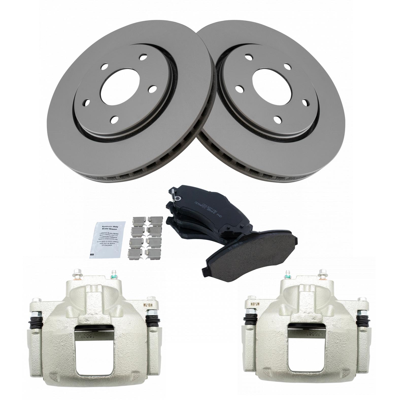 TRQ Front Brake Pad and Rotor Set Ceramic Coated Rotors Calipers Compatible with 2008-2012 Chrysler Town & Country 2008-2012 Dodge Grand Caravan 2009-2012 Volkswagen Routan 2012 Ram C/V