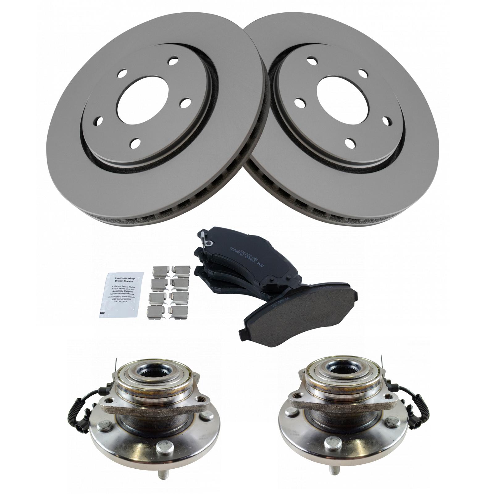 TRQ Front Brake Pad and Rotor Set Ceramic G Coated Vented Hub Bearings Compatible with 2008-2016 Chrysler Town and Country 2008-2016 Dodge Grand Caravan 2009-2012 Volkswagen Routan 2012-2014 Ram CV