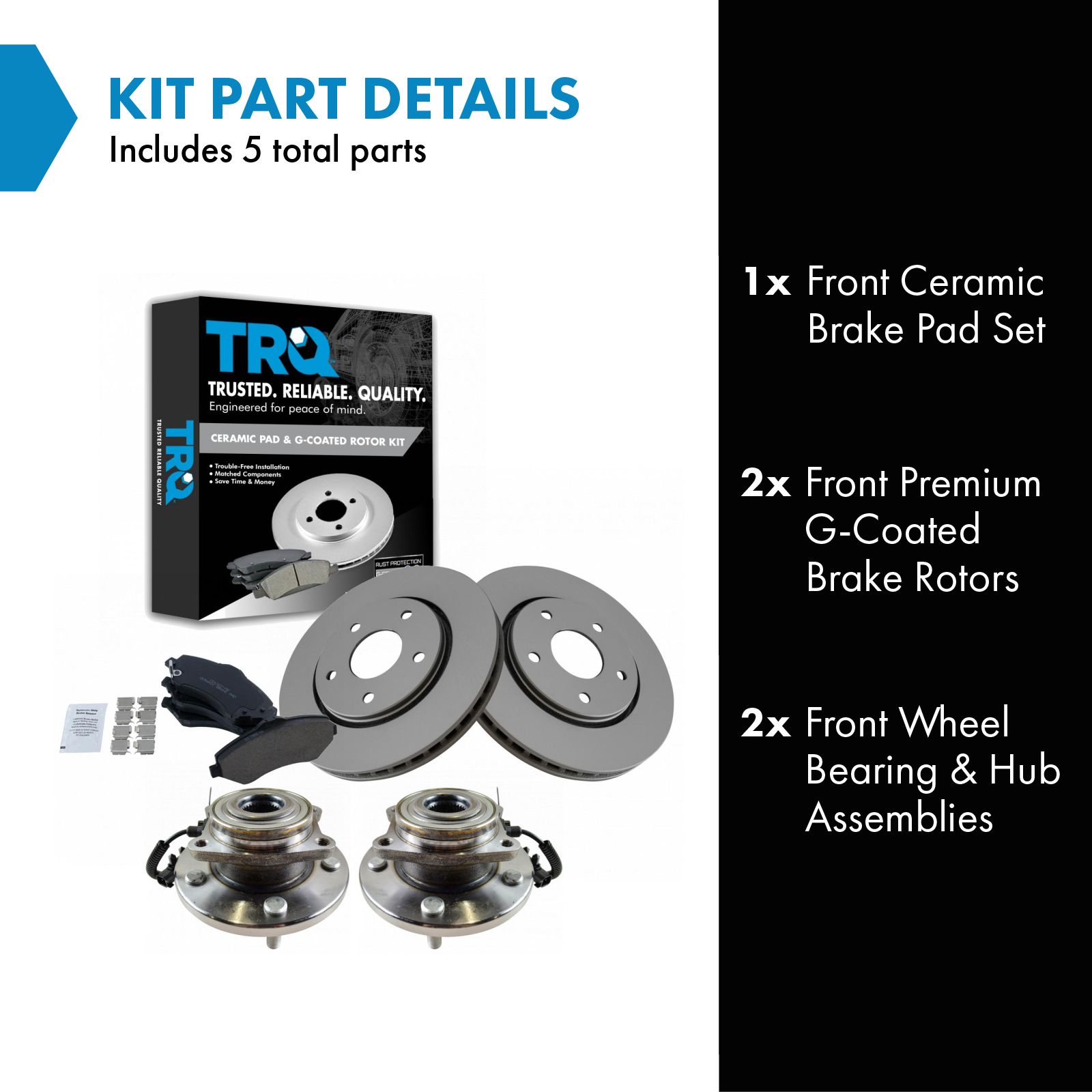 TRQ Front Brake Pad and Rotor Set Ceramic G Coated Vented Hub Bearings Compatible with 2008-2016 Chrysler Town and Country 2008-2016 Dodge Grand Caravan 2009-2012 Volkswagen Routan 2012-2014 Ram CV