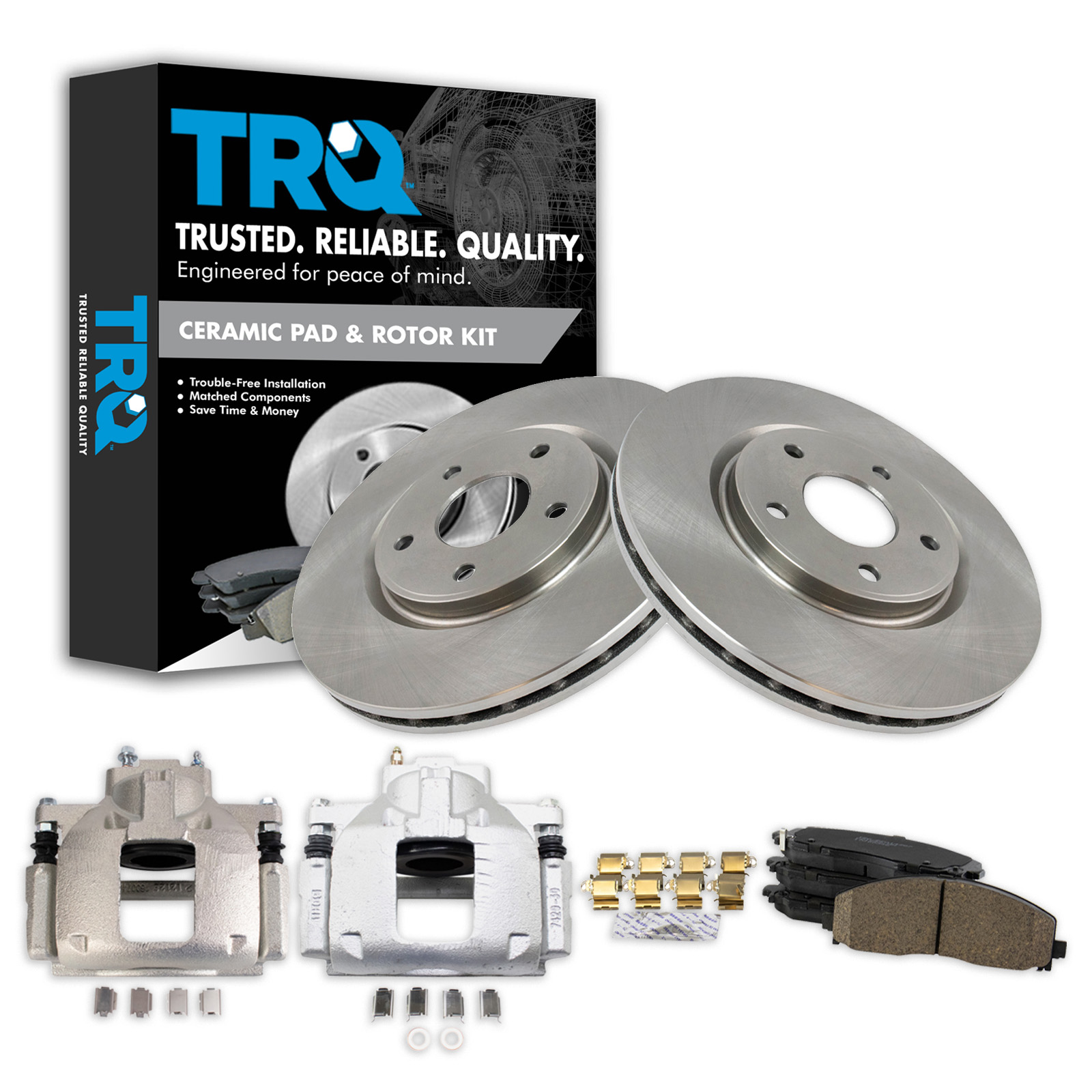TRQ Front Brake Pad & Rotor Kit Brake Caliper Brake Pads Brake Rotor Ceramic Vented Compatible with 2012 Chrysler Town & Country Dodge Grand Caravan Ram C/V Volkswagen Routan