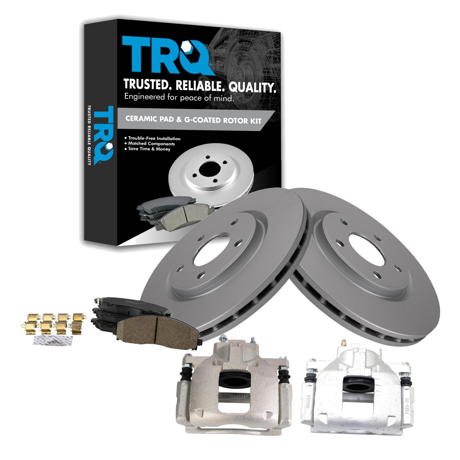 TRQ Front Brake Pad & Rotor Kit Brake Caliper Brake Pads Brake Rotor Ceramic Vented Premium G-Coated Compatible with 2012 Chrysler Town & Country Dodge Grand Caravan Ram C/V Volkswagen Routan