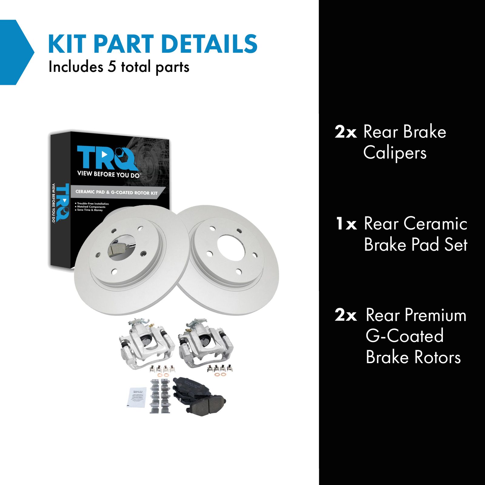 TRQ Rear Brake Pad and Rotor Kit Caliper Ceramic Solid G-Coated Compatible with 2012-2016 Chrysler Town & Country 2012-2016 Grand Caravan 2012-2015 Ram C/V 2013-2014 Volkswagen Routan