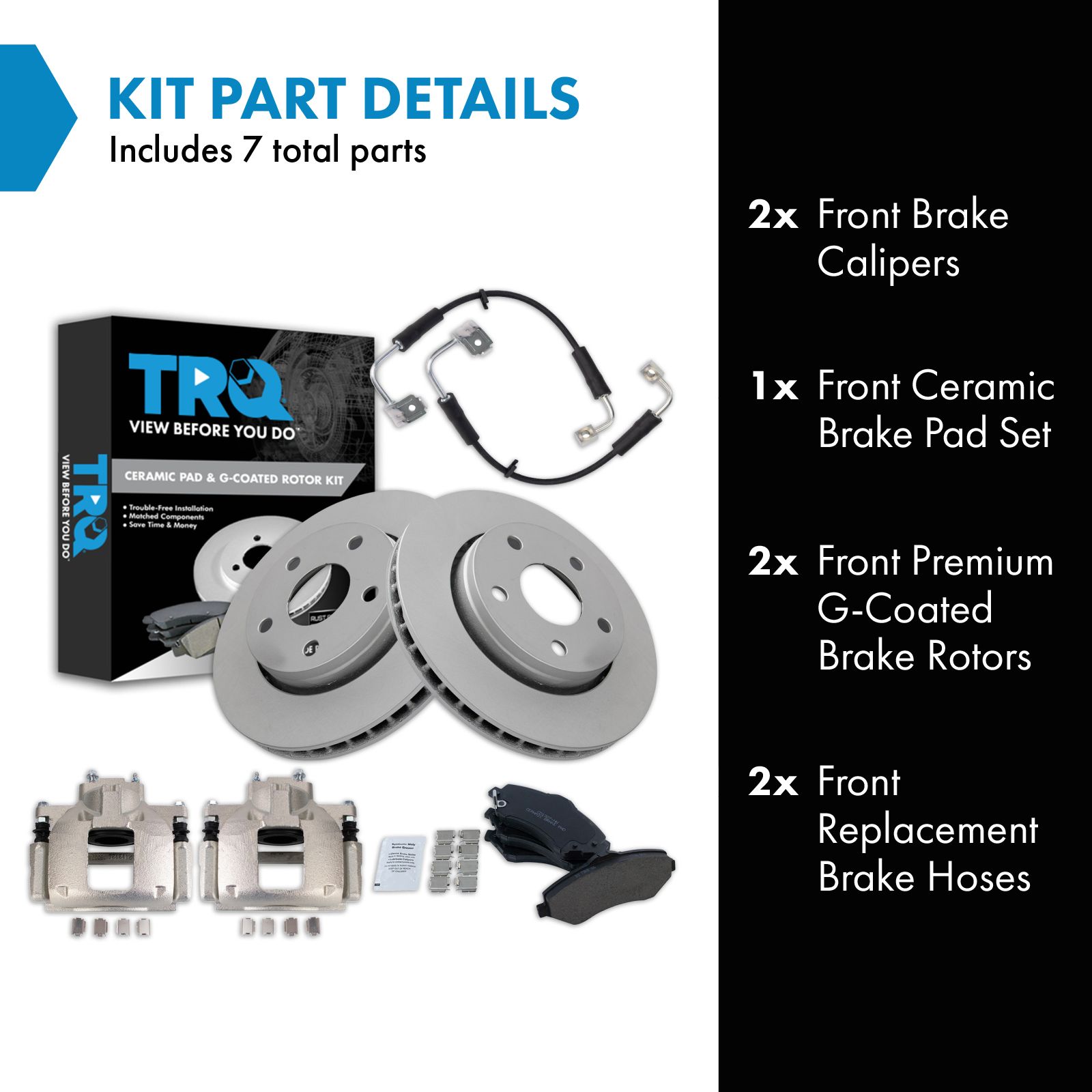 TRQ Front Brake Pad and Rotor Set Ceramic G Coated Rotors Calipers Hoses Compatible with 2007 Jeep Wrangler