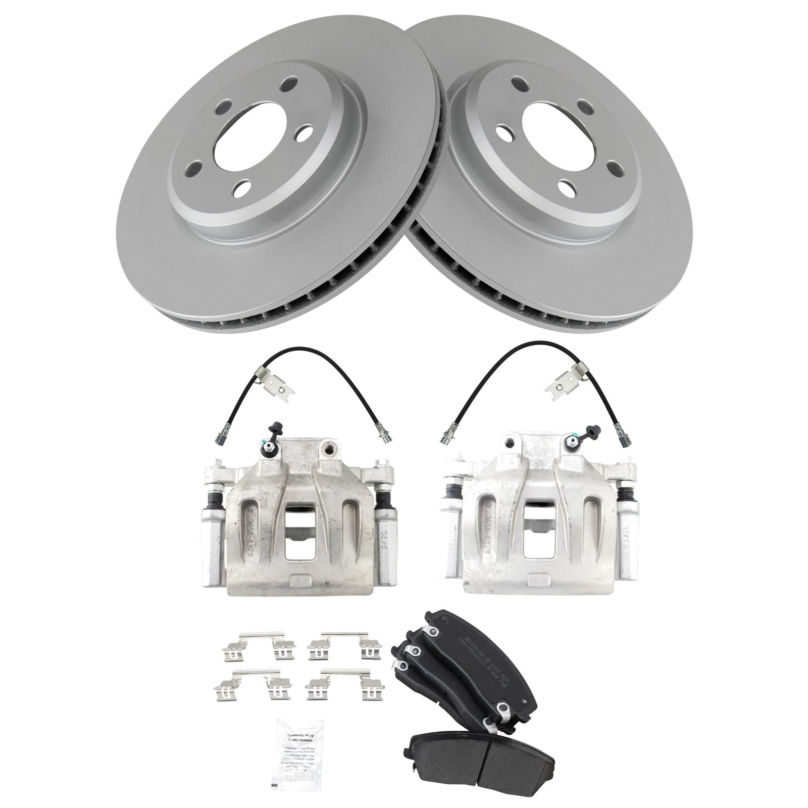 TRQ Front Brake Pad and Rotor Set Semi Metallic Coated Rotors Calipers Compatible with 2011 Dodge Challenger 2006-2010 Charger 2006-2008 Magnum