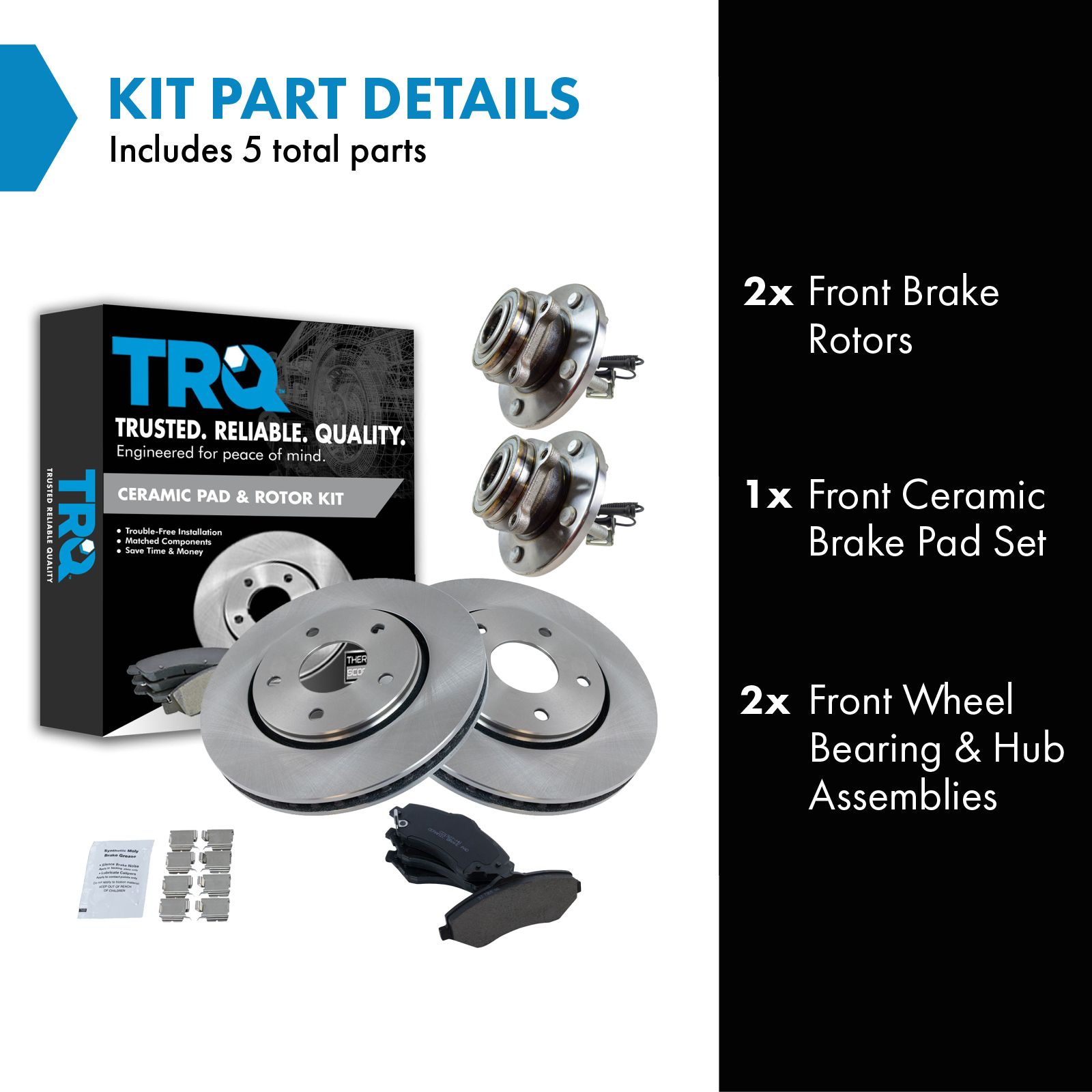 TRQ Front Brake Pad and Rotor Set Ceramic Wheel Hub Bearings Compatible with 2008-2016 Chrysler Town and Country Dodge Grand Caravan 2009-2012 Volkswagen Routan 2012-2014 Ram Cargo Van