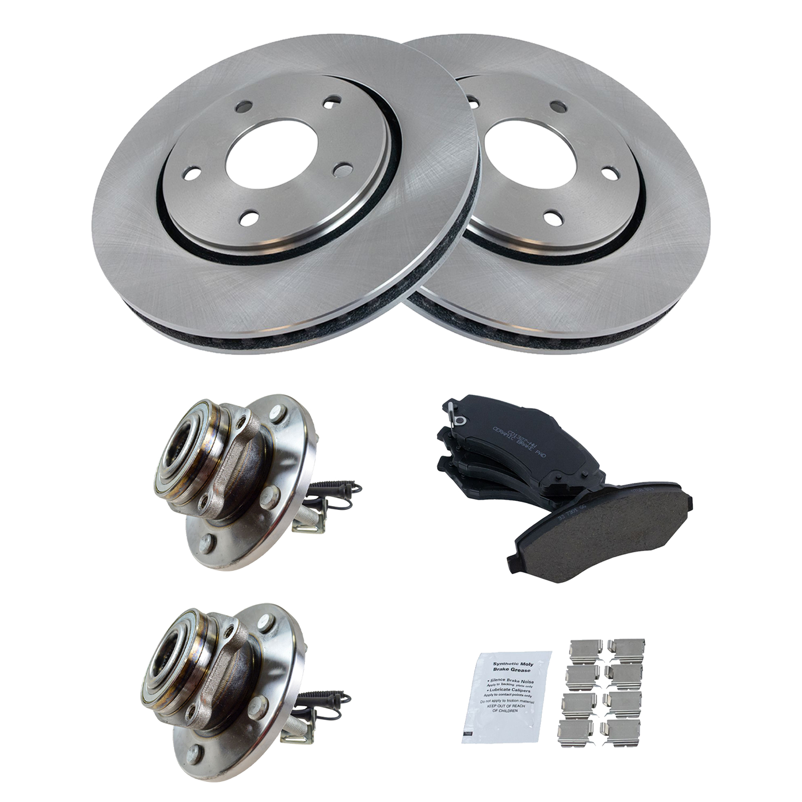 TRQ Front Brake Pad and Rotor Set Ceramic Wheel Hub Bearings Compatible with 2008-2016 Chrysler Town and Country Dodge Grand Caravan 2009-2012 Volkswagen Routan 2012-2014 Ram Cargo Van