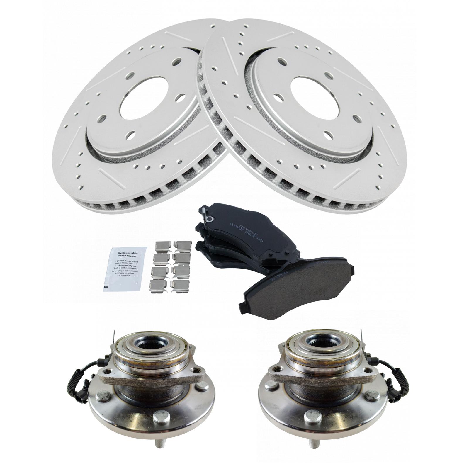 TRQ Front Performance Drilled Slotted Brake Rotor Ceramic Pad & Wheel Bearing Kit