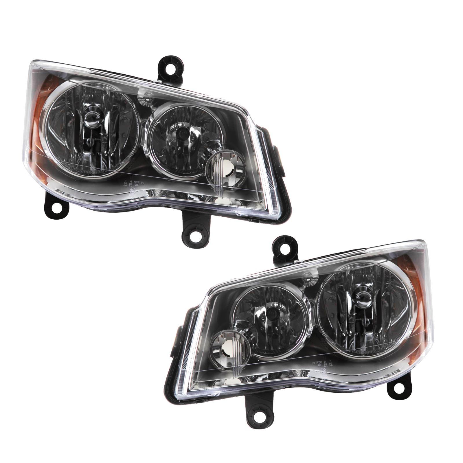 TRQ Driver and Passenger Side Headlight Assembly Set Compatible with 08-16 Chrysler Town and Country with Quad Headlights 11-20 Dodge Grand Caravan with Quad Headlights Halogen Only