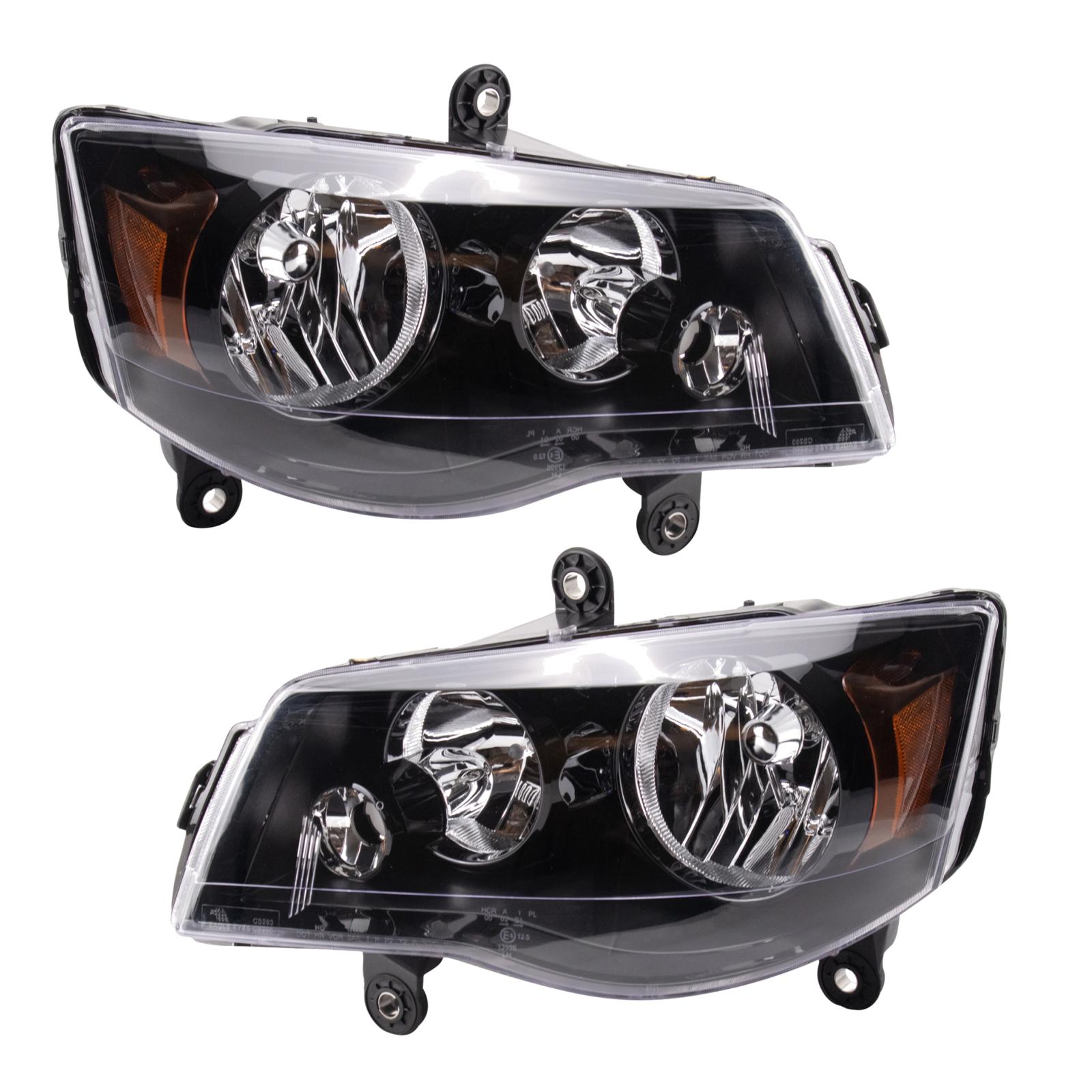 TRQ Driver and Passenger Side Headlight Assembly Set Black Bezel Compatible with 11-20 Dodge Grand Caravan 14-16 Chrysler Town and Country Halogen Only