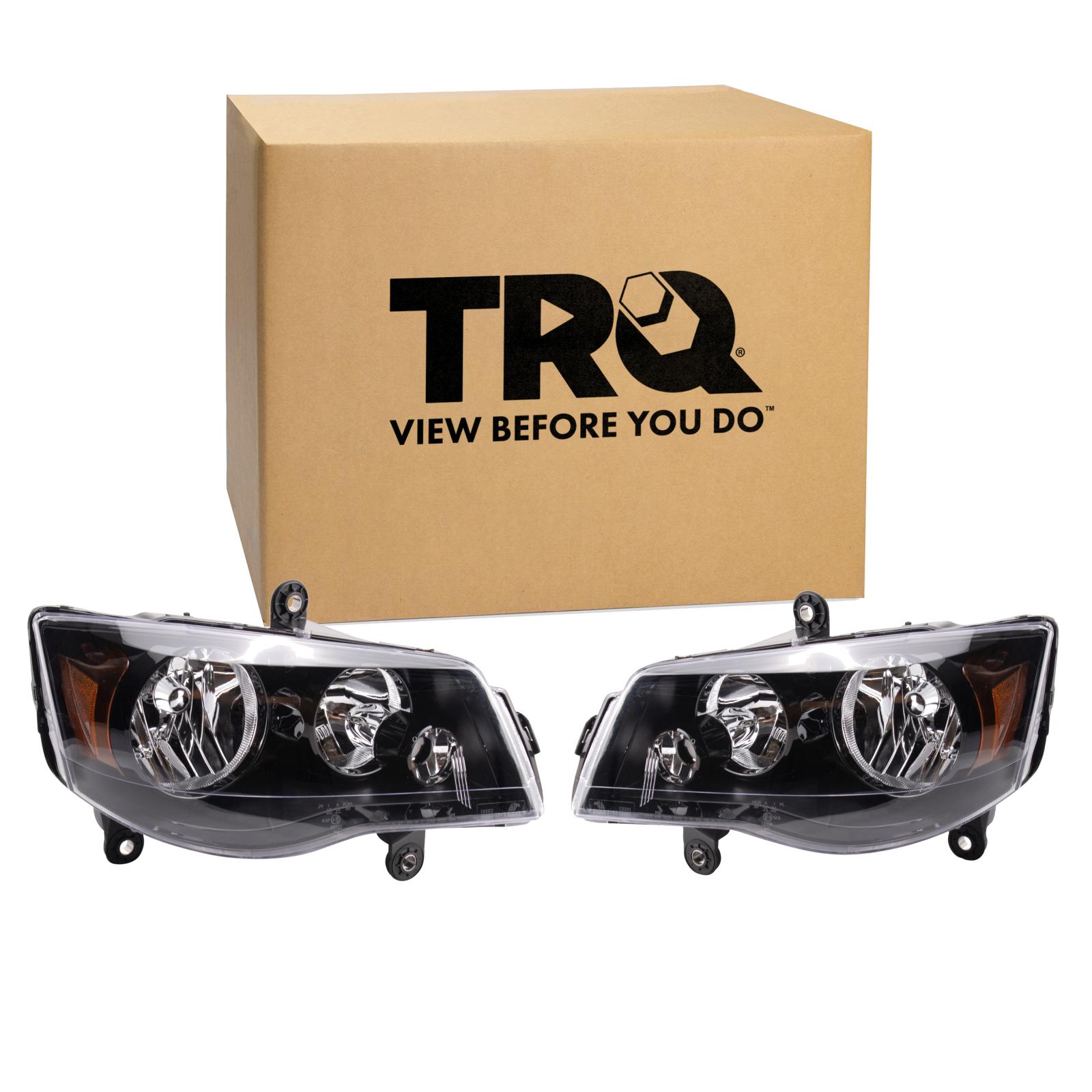 TRQ Driver and Passenger Side Headlight Assembly Set Black Bezel Compatible with 11-20 Dodge Grand Caravan 14-16 Chrysler Town and Country Halogen Only