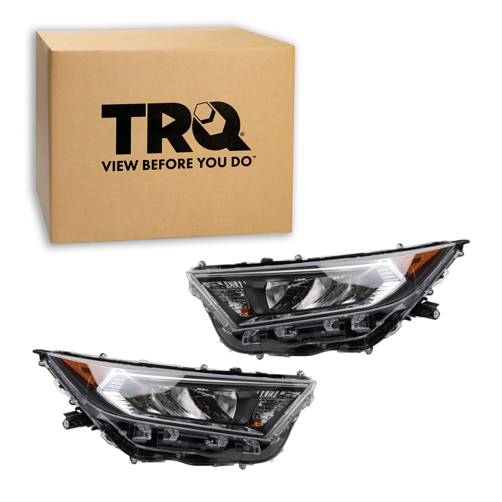 TRQ 2 Piece Headlight Assembly Set Chrome Bezel Driver & Passenger Side Compatible with Toyota Rav4 Adventure Limited XLE XLE Premium 2019-2021 Rav4 TRD Off-Road 2020-2021