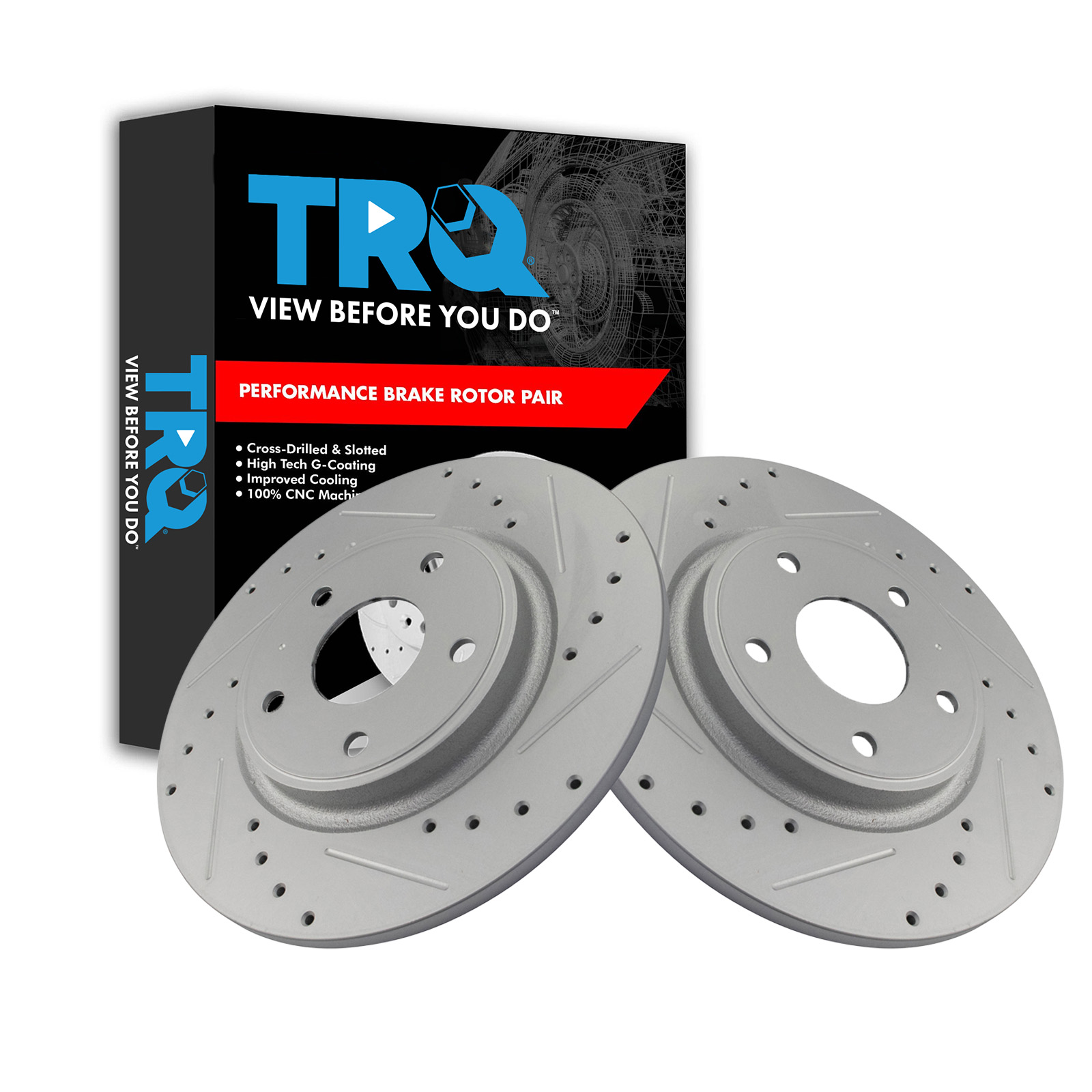 TRQ Rear Performance Drilled Slotted G-Coated Disc Brake Rotor Pair Compatible with Chrysler