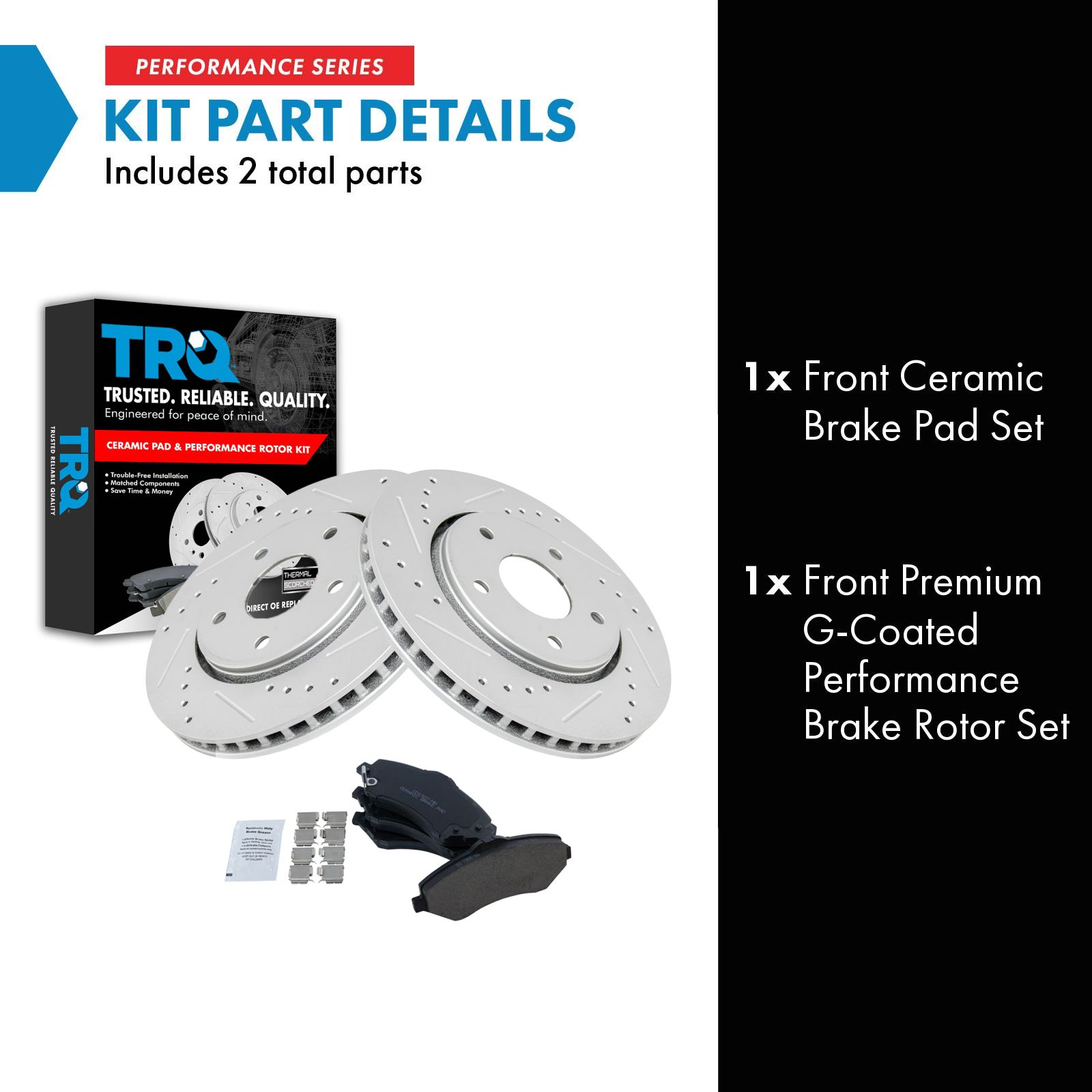 TRQ Front Brake Pad and Rotor Set Ceramic Drilled Slotted Coated Vented Rotors Compatible with 2008-2016 Chrysler Town & Country Dodge Grand Caravan 2009-2013 Journey 2009-2014 Volkswagen Routan