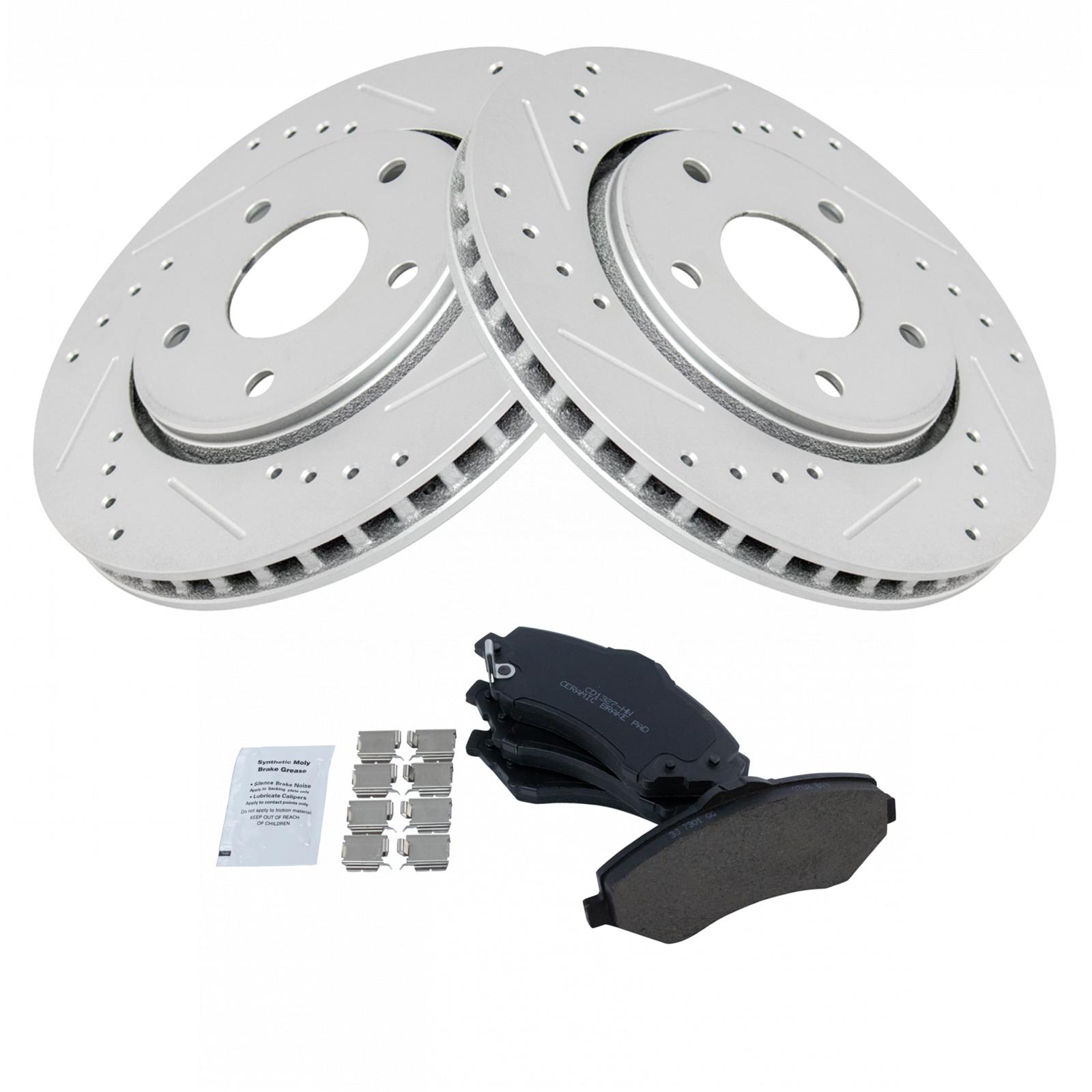 TRQ Front Brake Pad and Rotor Set Ceramic Drilled Slotted Coated Vented Rotors Compatible with 2008-2016 Chrysler Town & Country Dodge Grand Caravan 2009-2013 Journey 2009-2014 Volkswagen Routan