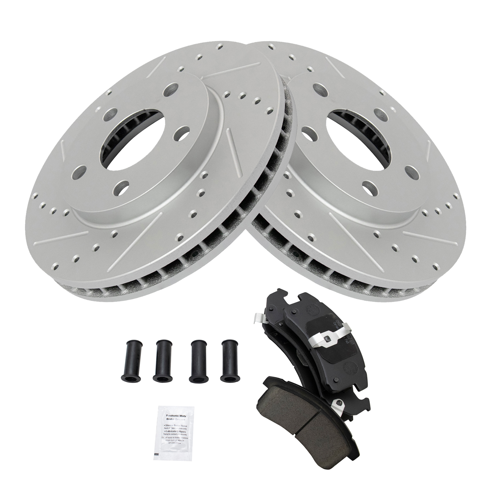 TRQ Front Brake Pad and Rotor Set Ceramic Drilled Slotted Coated Vented Rotors Compatible with 1994-1997 Chevrolet Camaro Buick LeSabre Pontiac Firebird Pontiac Bonneville
