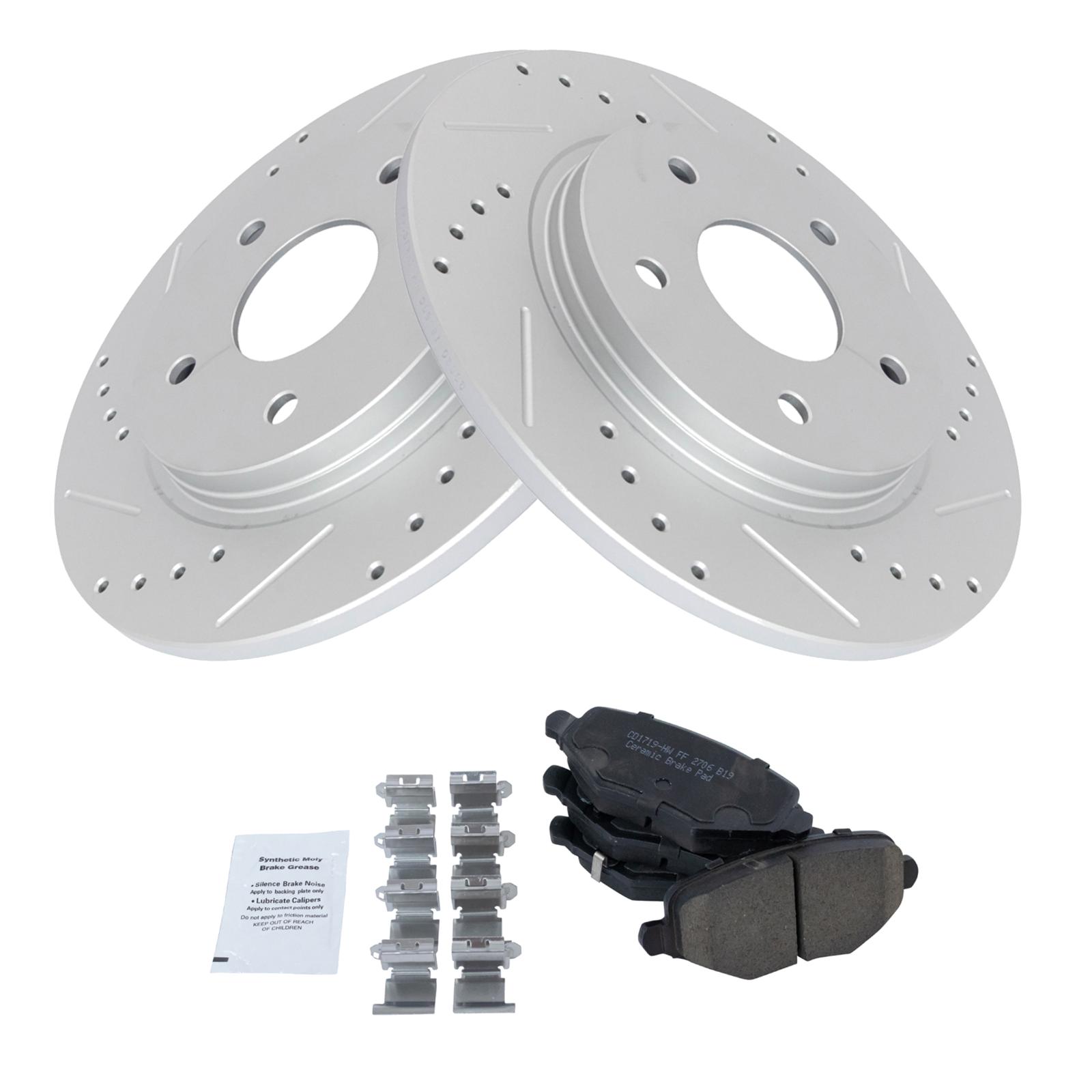 TRQ Rear Brake Pad & Rotor Ceramic Drilled Coated Vented Rotors Compatible with 2012-2016 Chrysler Town & Country Dodge Grand Caravan 2012-2015 Ram Cargo Van 2013-2014 Volkswagen Routan 2013 Journey