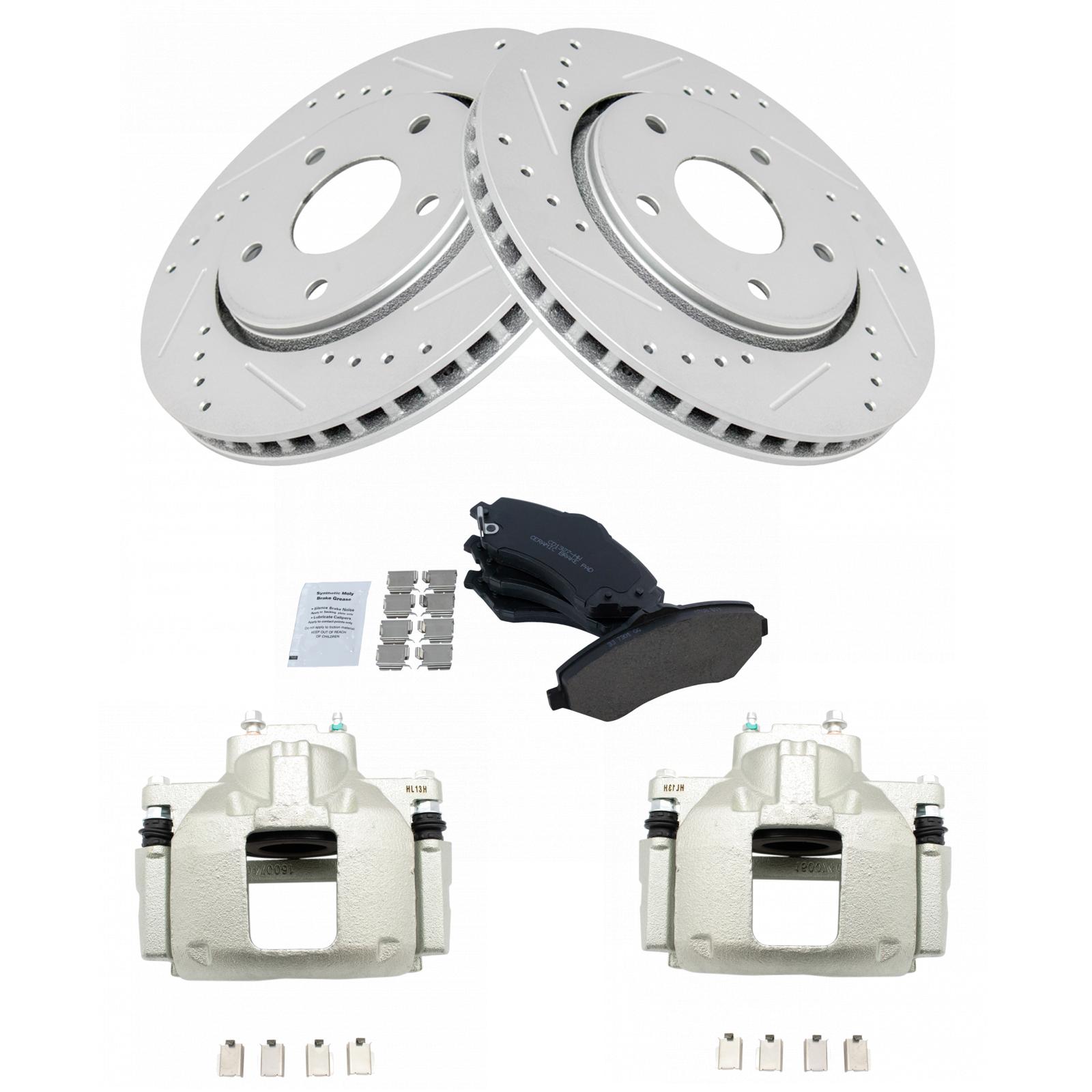 TRQ Front Brake Pad and Rotor Set Ceramic Coated Drilled Slotted Rotors Calipers Compatible with 2008-2012 Chrysler Town & Country Dodge Grand Caravan 2012 Ram Cargo Van 2009-2012 Volkswagen Routan
