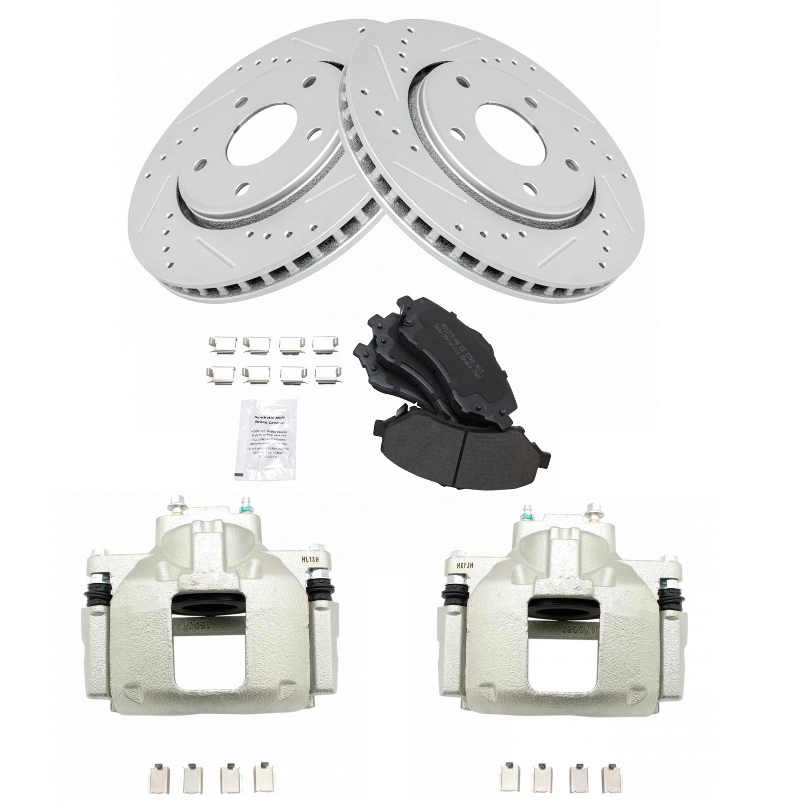 TRQ Front Semi-Metallic Brake Pad, Rotor & Caliper Kit Compatible with Dodge Caravan