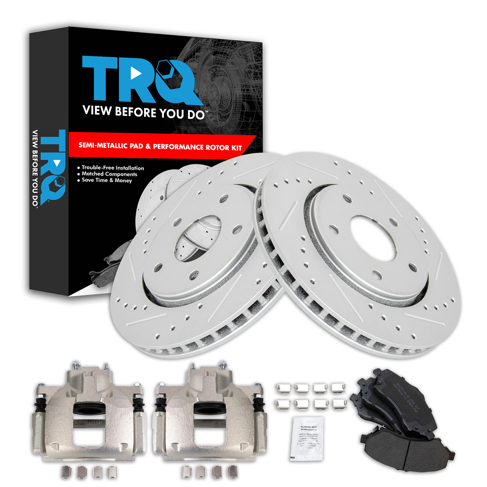 TRQ Front Semi-Metallic Brake Pad, Rotor & Caliper Kit Compatible with Dodge Caravan