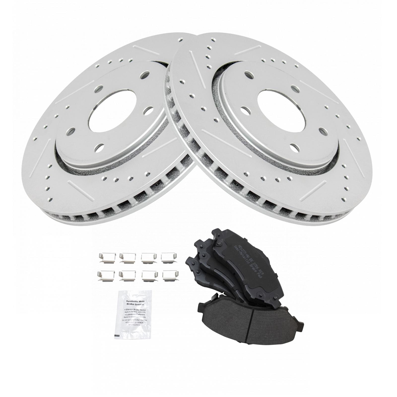 TRQ Front Brake Pad & Rotor Set Semi Metallic Coated Drilled Slotted Rotors Compatible with 2008-2016 Chrysler Town & Country Dodge Grand Caravan 2009-2013 Journey 2009-2014 Volkswagen Routan