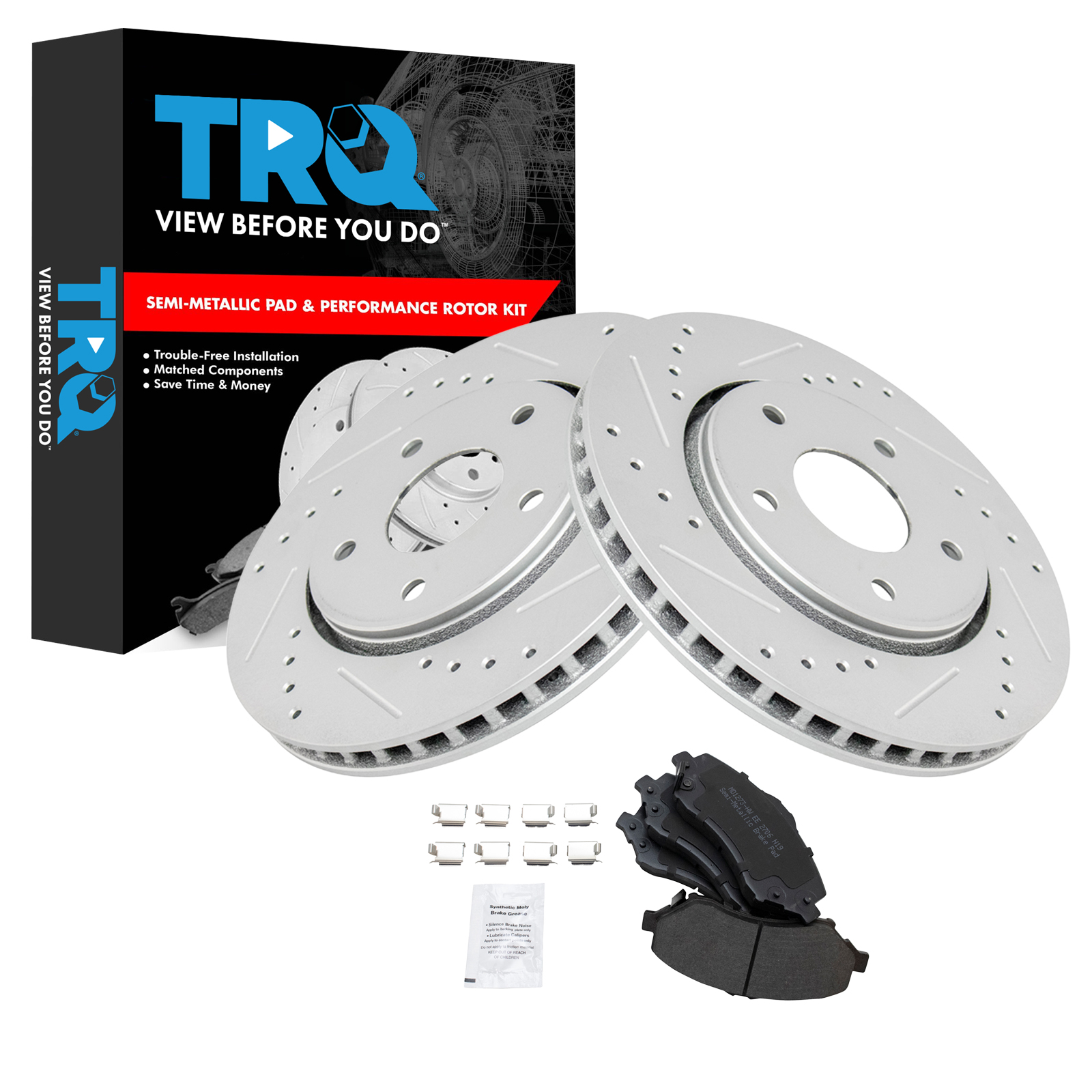 TRQ Front Brake Pad & Rotor Set Semi Metallic Coated Drilled Slotted Rotors Compatible with 2008-2016 Chrysler Town & Country Dodge Grand Caravan 2009-2013 Journey 2009-2014 Volkswagen Routan