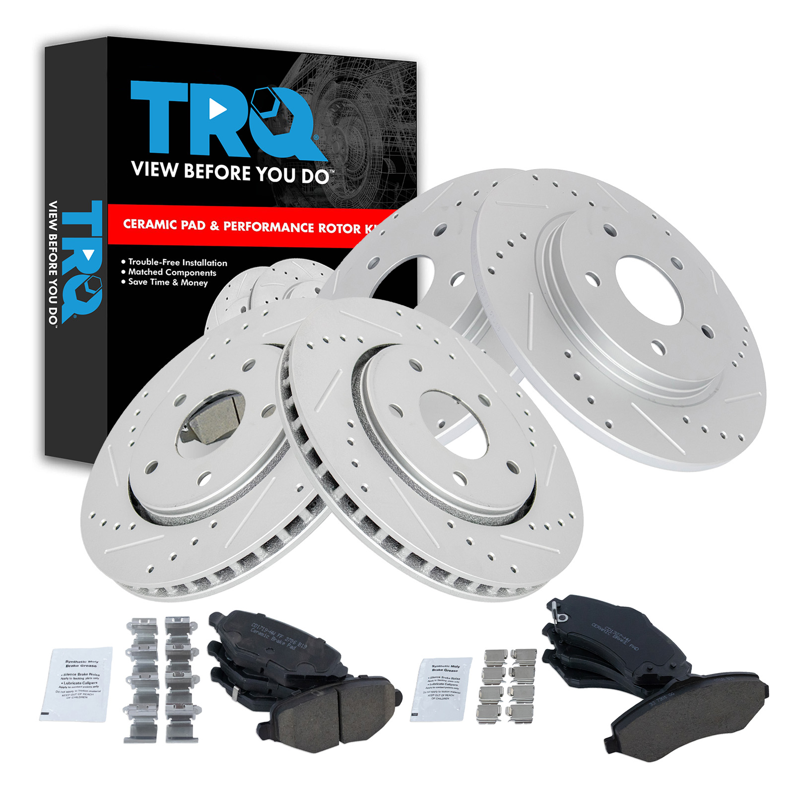TRQ Front & Rear Brake Pad & Rotor Set Ceramic Coated Drilled Slotted Rotors Compatible with 2012-2016 Chrysler Town & Country Dodge Grand Caravan 2013 Dodge Journey 2013-2014 Volkswagen Routan