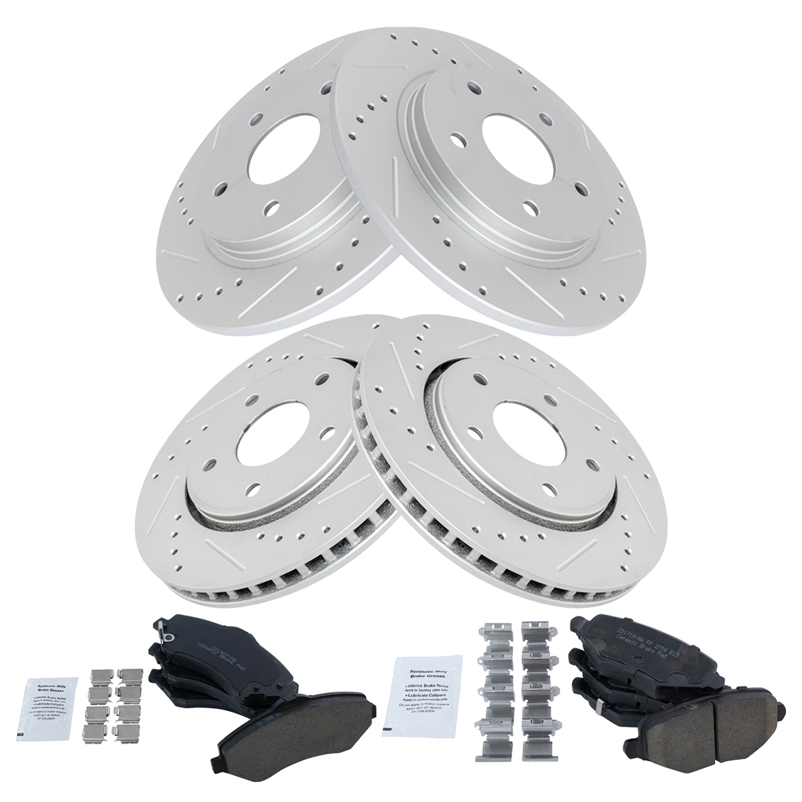 TRQ Front & Rear Brake Pad & Rotor Set Ceramic Coated Drilled Slotted Rotors Compatible with 2012-2016 Chrysler Town & Country Dodge Grand Caravan 2013 Dodge Journey 2013-2014 Volkswagen Routan