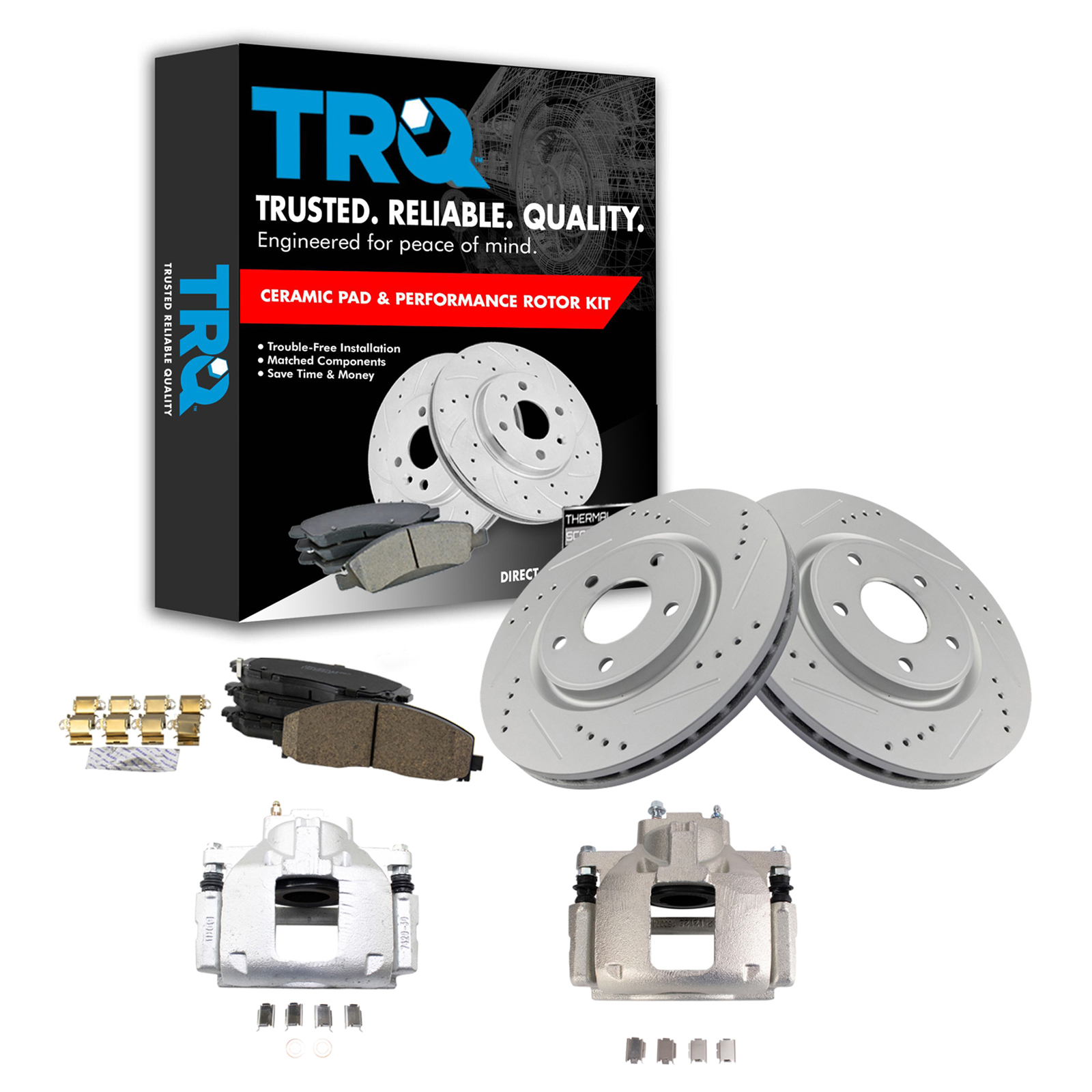 TRQ Front Brake Calipers Ceramic Pads Drilled Rotors Compatible with Grand Caravan Ram C/V