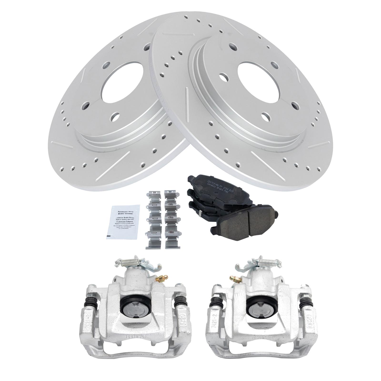 TRQ Rear Brake Pad and Rotor Set Ceramic Drilled Slotted Solid Rotors Calipers Compatible with 2012-2016 Chrysler Town & Country Grand Caravan 2012-2015 Ram Cargo Van 2013-2014 Volkswagen Routan