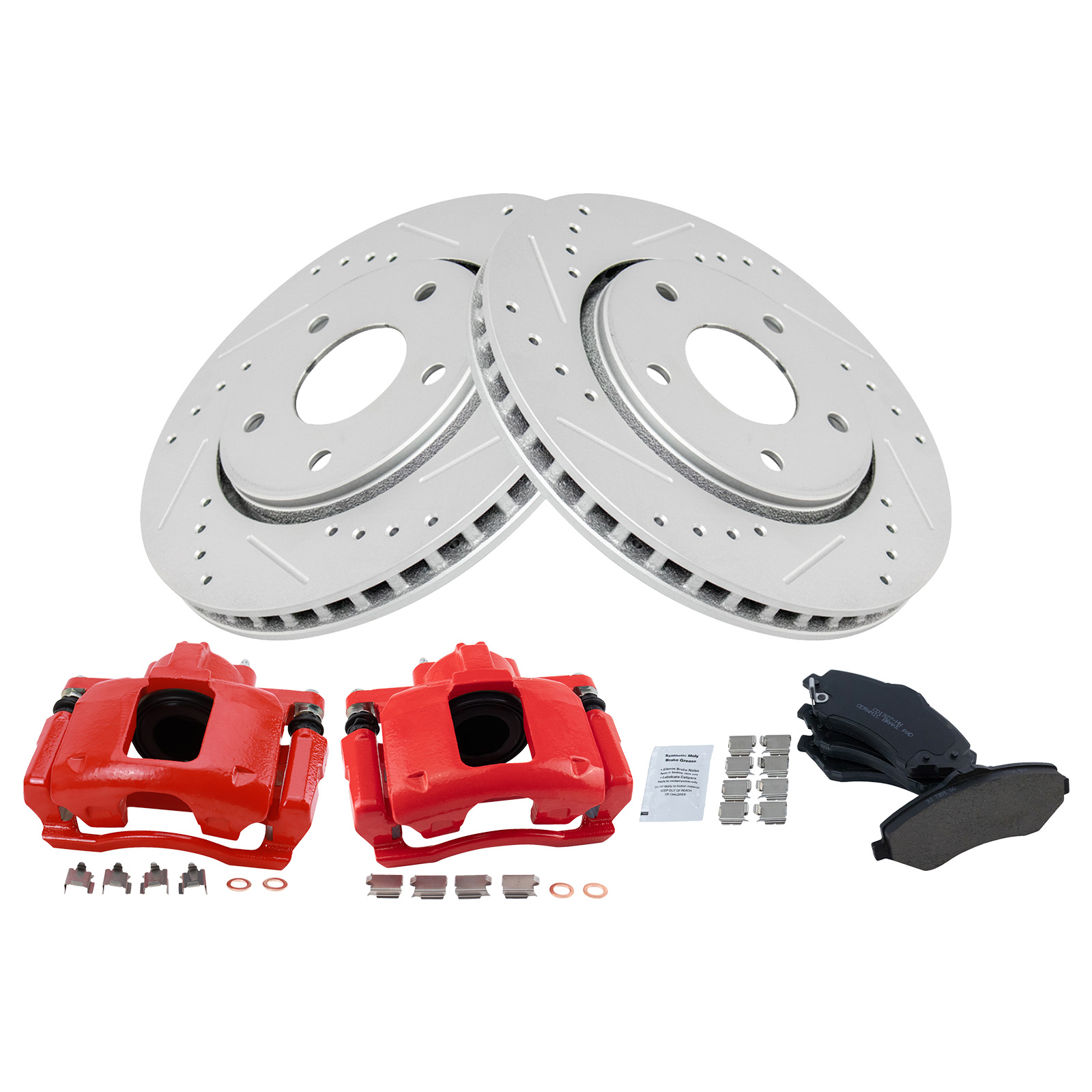 TRQ Front Brake Pad & Rotor Set Ceramic Coated Drilled Slotted Rotors Calipers Compatible with 2008-2012 Chrysler Town & Country Dodge Grand Caravan 2012 Ram Cargo Van 2009-2012 Volkswagen Routan