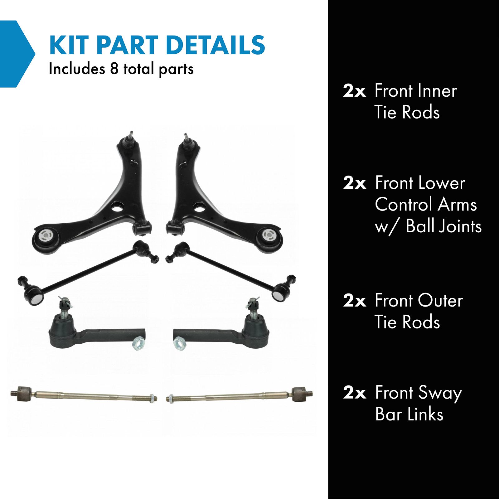 TRQ Front Steering and Suspension Kit Tie Rods Control Arms Ball Joints Sway Bar Links Compatible with 2011-2016 Chrysler Town and Country 2011-2020 Dodge Grand Caravan 2012-2015 Ram CV