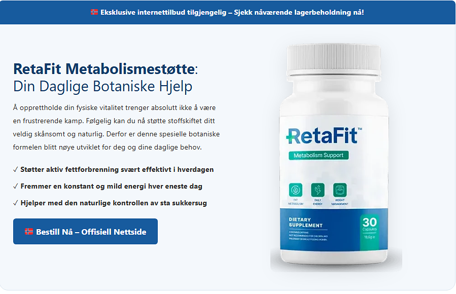 RetaFit™ Metabolismestøtte kapsler – offisiell produktflaske med fordeler som fettforbrenning, daglig energi og vektkontroll