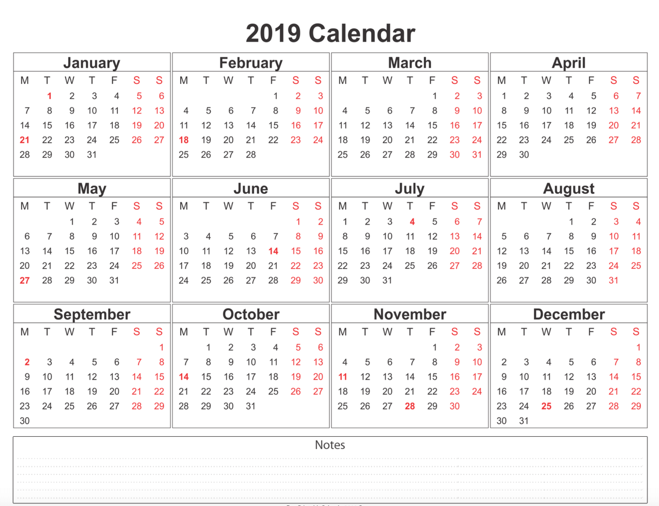 2019 Calendar AmazonAWS