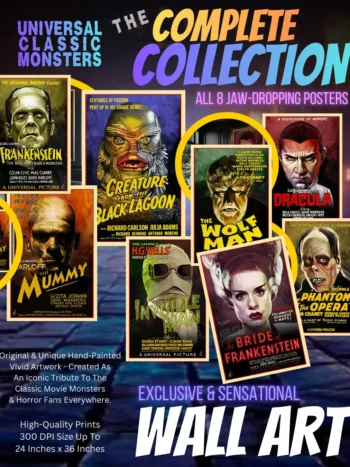 Universal Monsters - The Complete Set Of All 8 Classive Movie Art Posters